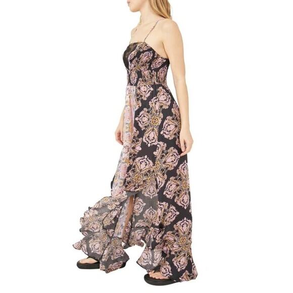 Free People That Moment Ruffle Smocked Lace Trim Maxi Dress Black Combo SZ M NWT - Picture 4 of 14